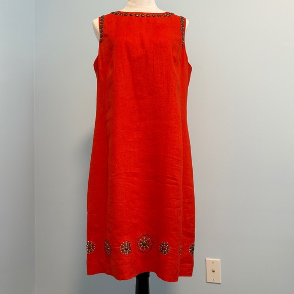 Anne Klein 100% Linen Sleeveless Embellished Red‎ Lined Dress Size 12 - Picture 1 of 12
